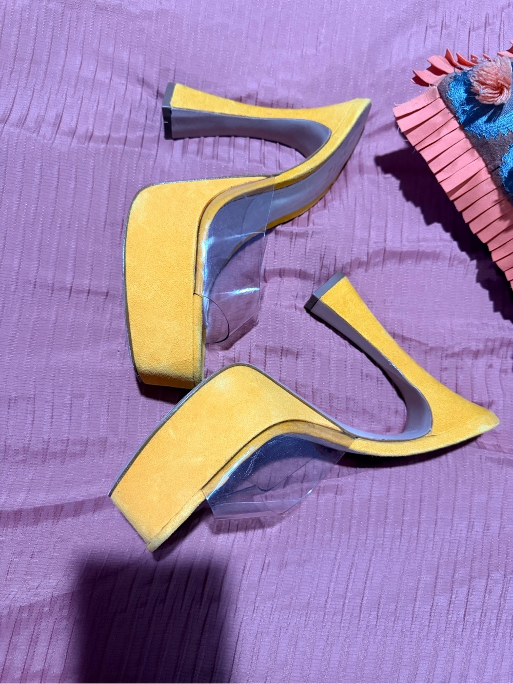 SCHUTZ Yellow Suede Clear Strap Platform Sandals - Picture 3 of 4